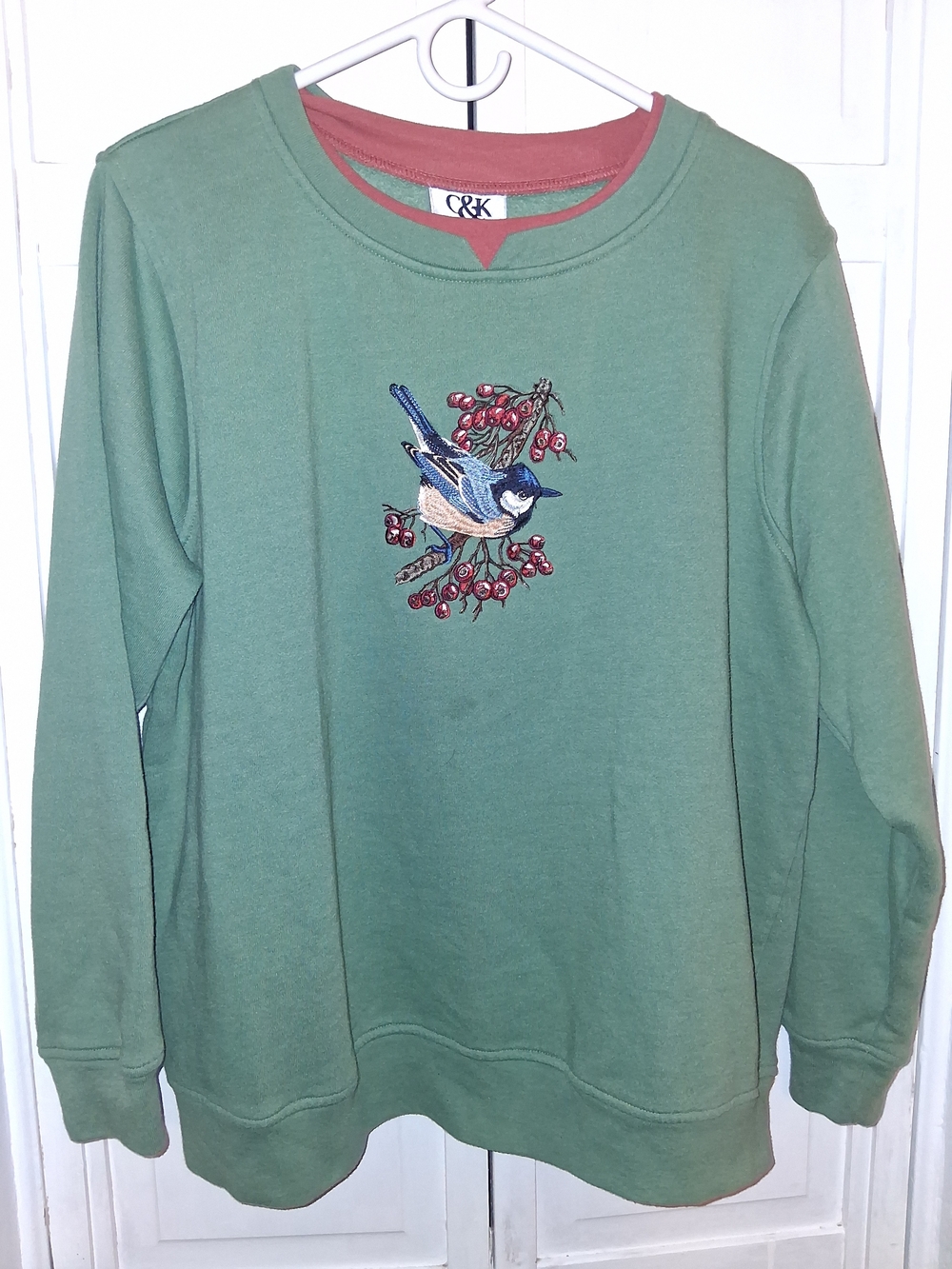 Green Embroidered Bird Crewneck Sweatshirt